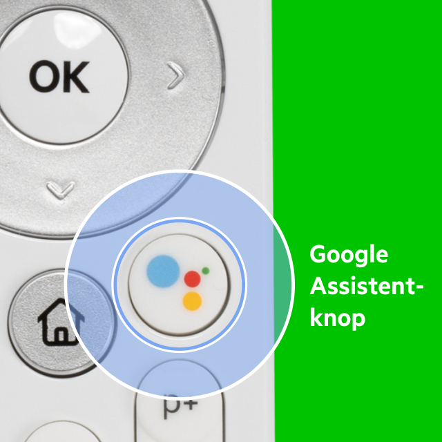Google Assistent knop op de witte KPN afstandsbediening. Met blauw, rood, groen en geel rondje op de knop.
