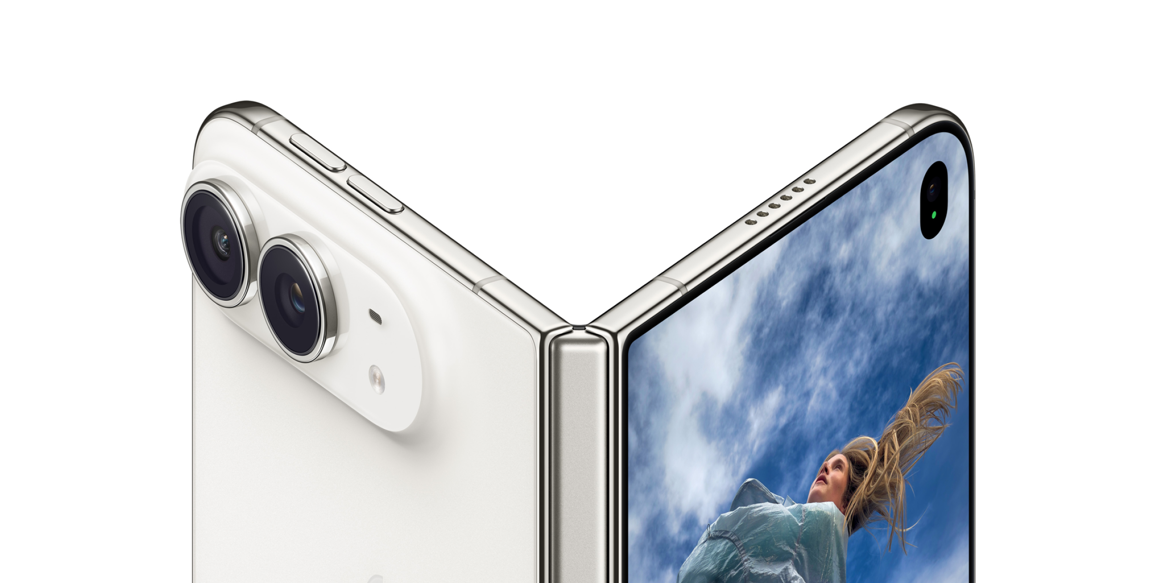 De achterkant en het buitenscherm van de half opengevouwen witte iPhone Duo
