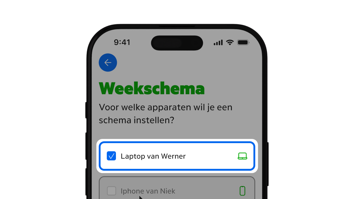 De MijnKPN app met bovenin de vraag 'Voor welke apparaten wil je een schema instellen?' en daaronder een lijst met apparaten