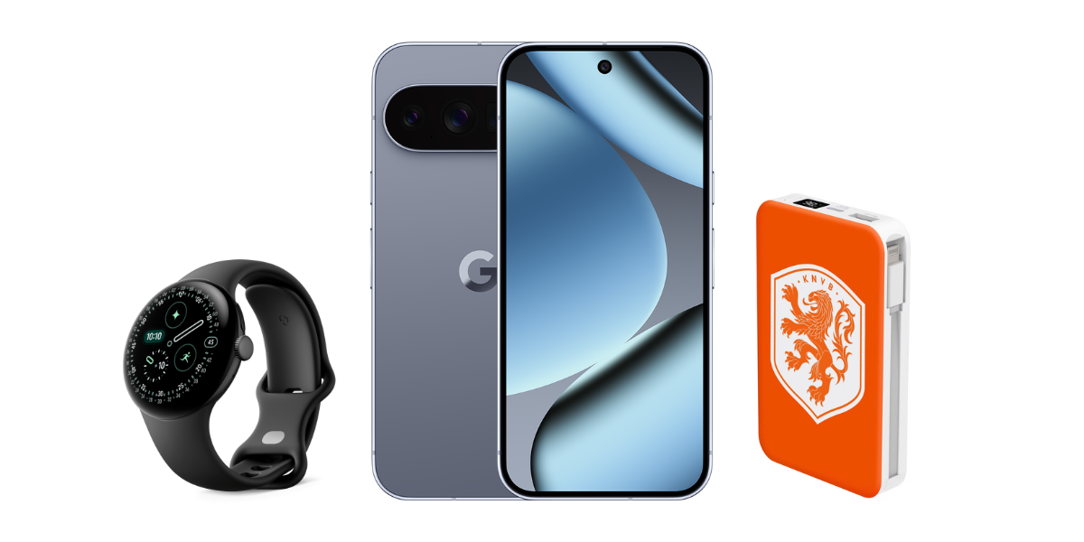 De Google Pixel 10 Pro samen met de Pixel Watch 4 en oranje WK powerbank