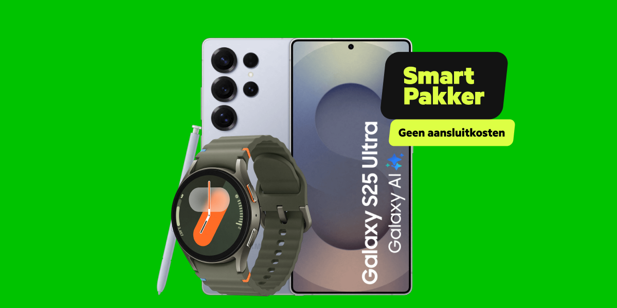 Afbeelding van de Samsung Galaxy S25 Ultra en een Samsung Galaxy Watch7 met smartpakker label