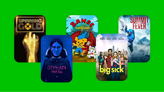 Filmposter voor de films: Spinning Gold, Orphan: First Kill, Bamse en de donderbloemen, Big sick en Summit fever.