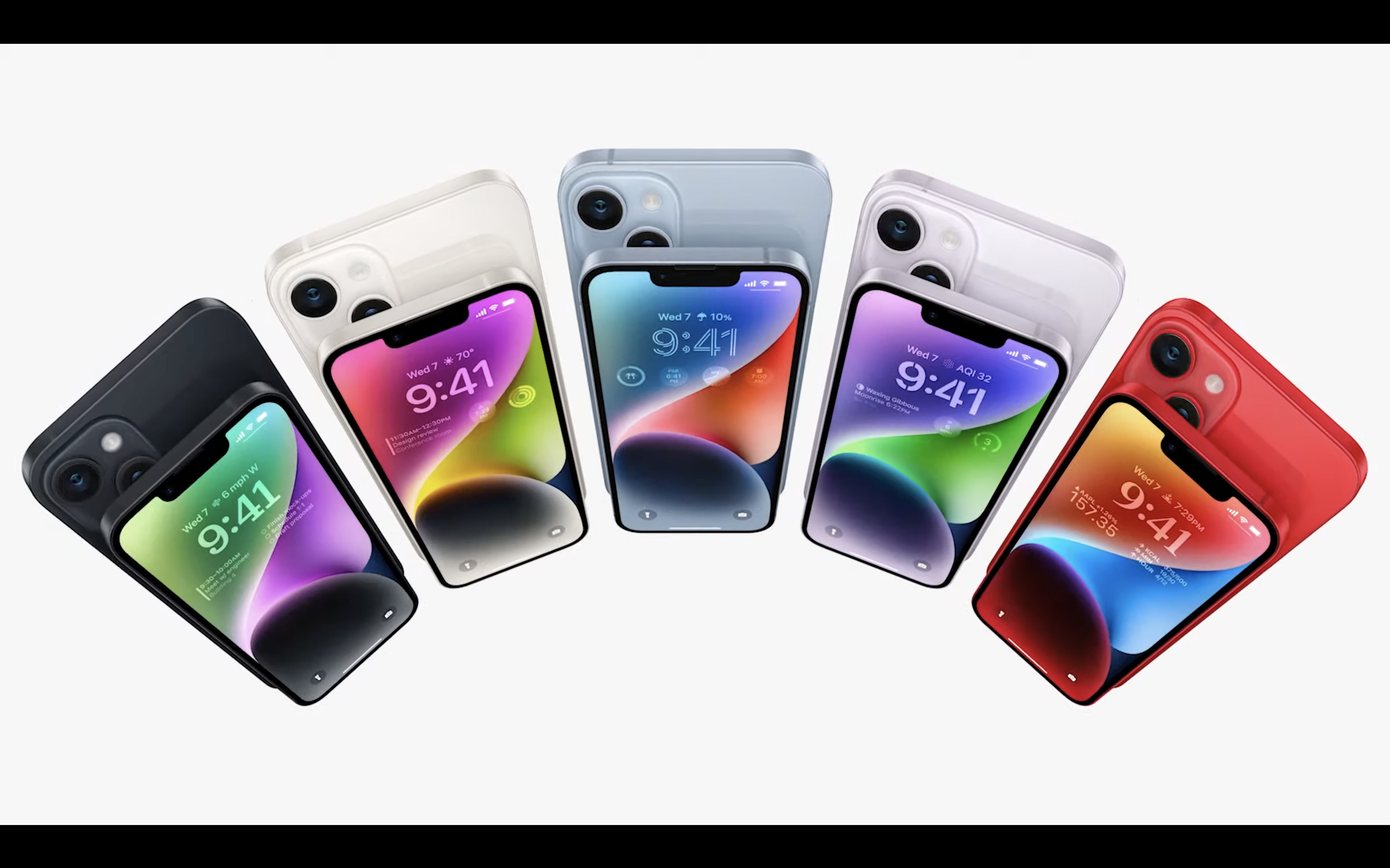 5 verschillende iphone 14 kleuren: zwart, wit, rood, paars en sky blue