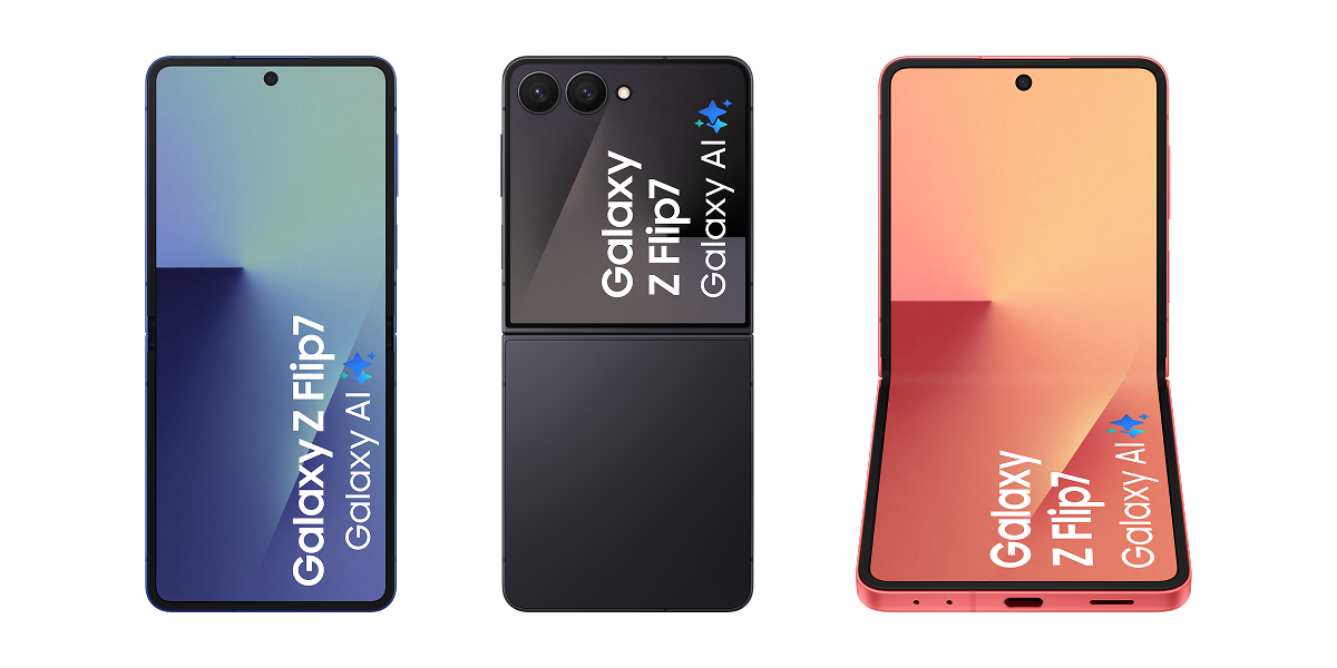 De Samsung Galaxy Z Flip7 blauw, zwart en rood naast elkaar