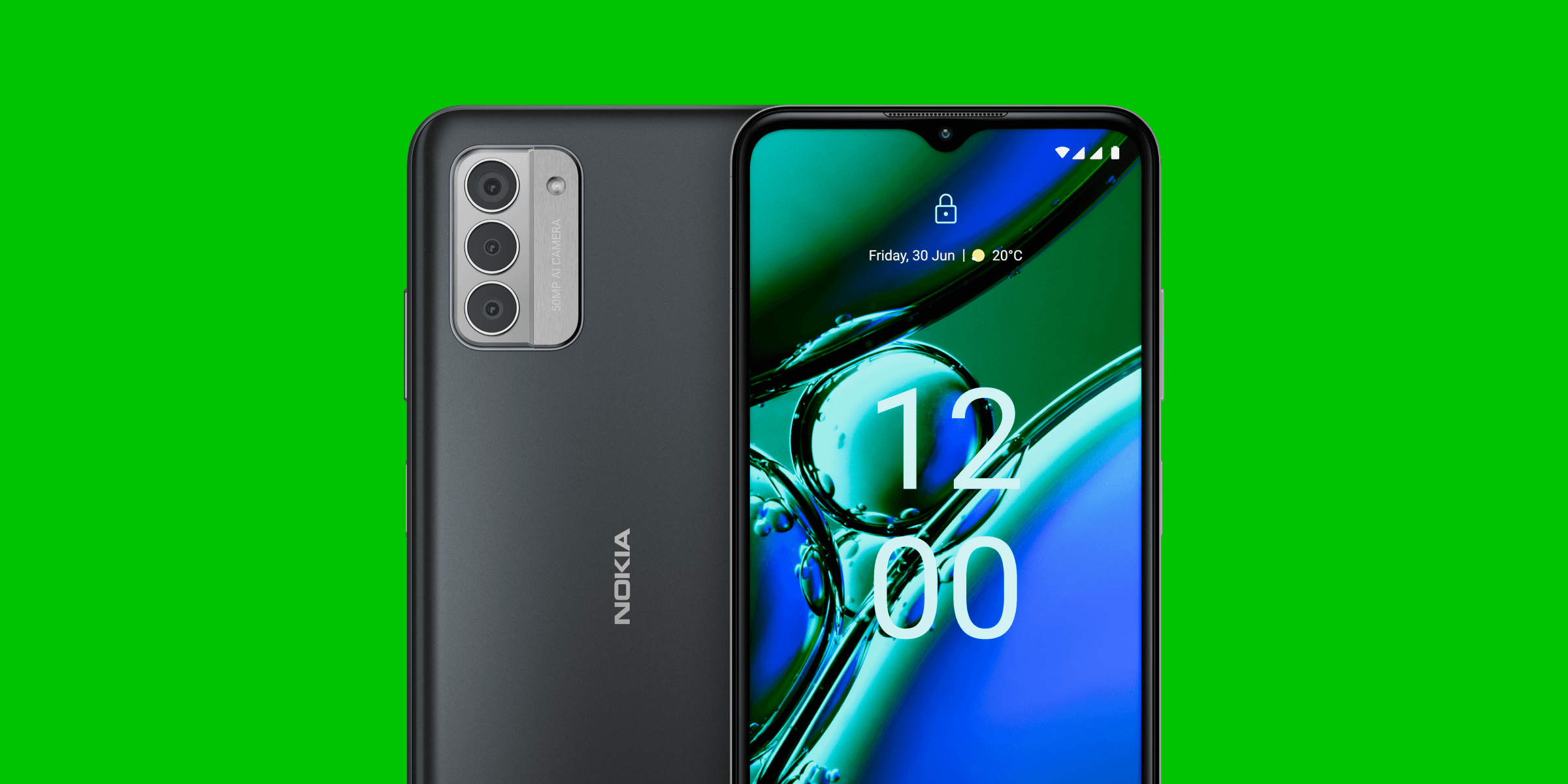 Nokia G42 frontback op groene achtergrond