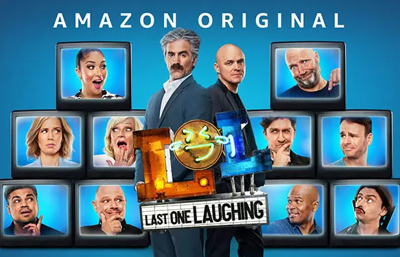 Het logo van Last One Laughing NL met daarbij de comedians