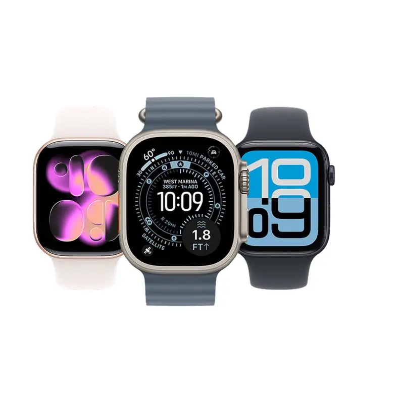 Drie Apple Watches naast elkaar in de kleuren lichtroze, grijs en zwart