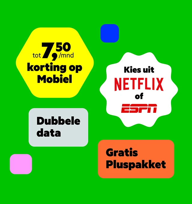 Groen vlak met tekstbubbels. Krijg met combivoordeel tot 7,50 euro korting per maand, dubbele data, gratis pluspakket en kies uit Netflix of ESPN