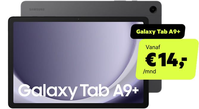 Samsung Galaxy Tab A9+ voorkant met prijslabel: vanaf 14 euro per maand