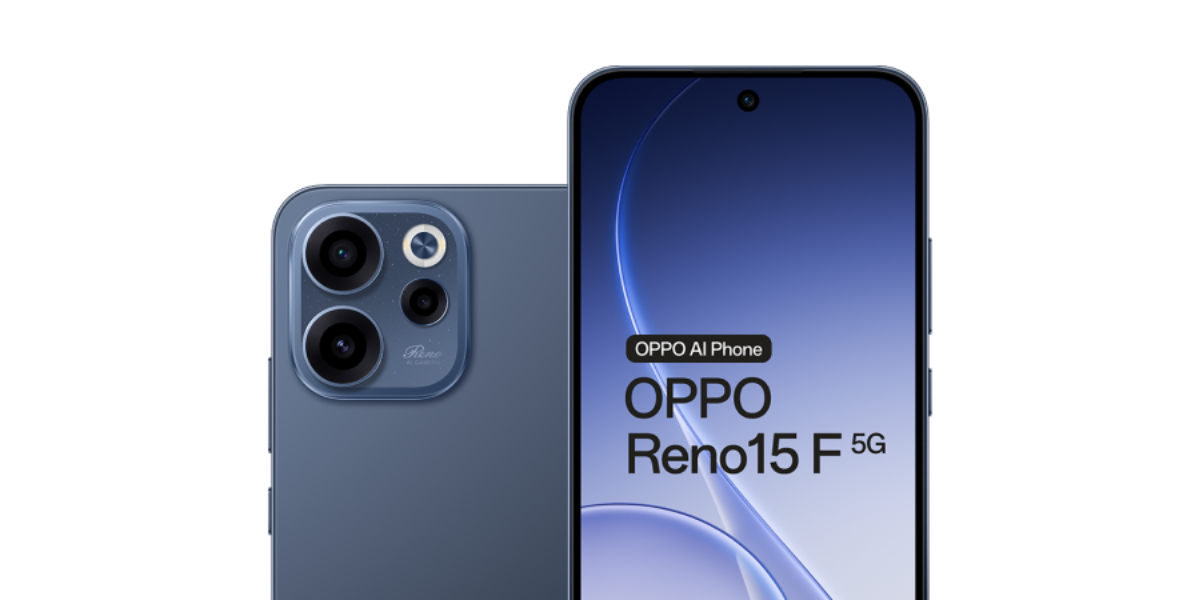De voor en achterkant van de OPPO Reno15 F in het donkerblauw