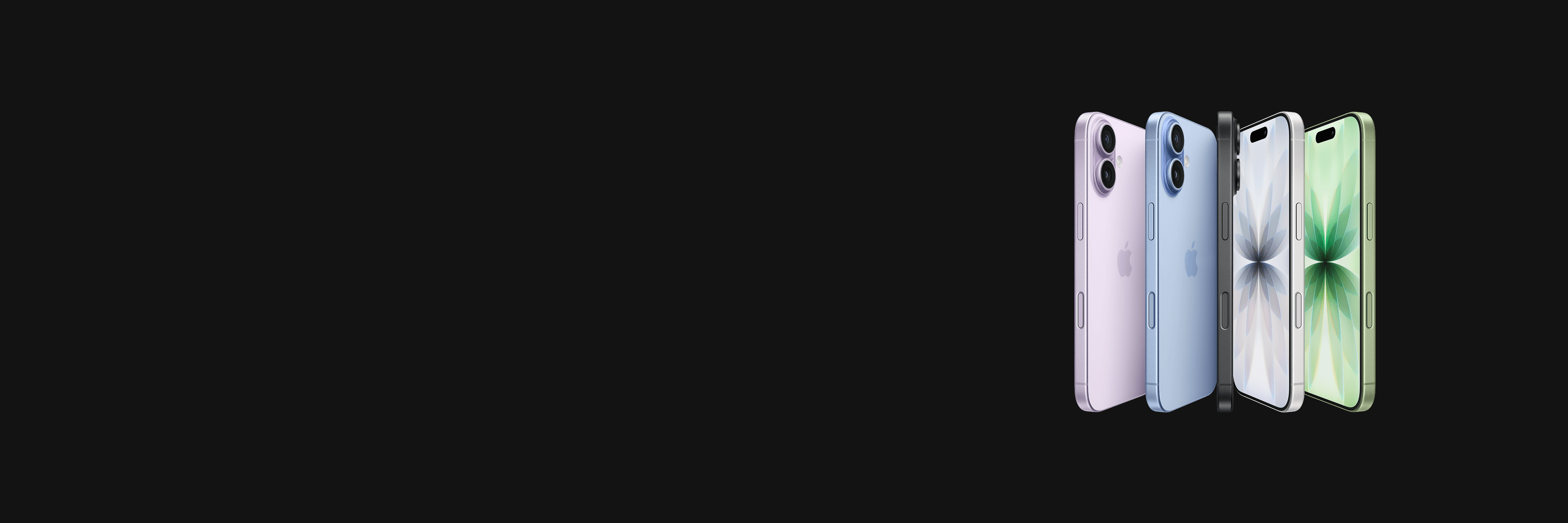 5 iPhone 17 toestellen op een rij in de kleuren paars, lichtblauw, zwart, zilver en lichtgroen