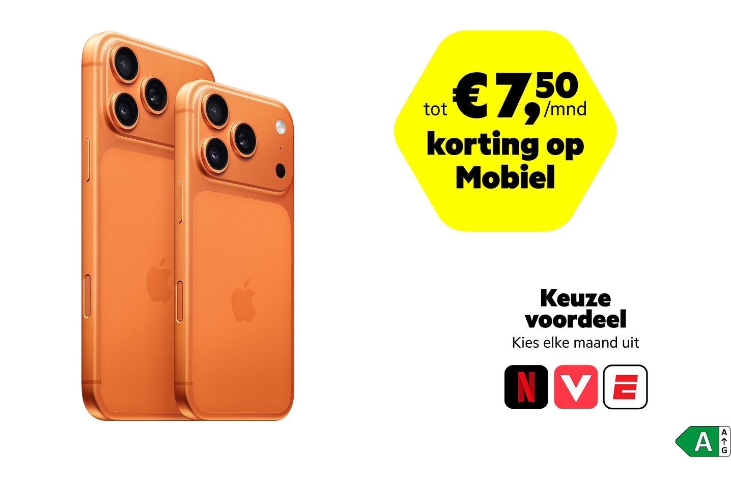 De iPhone 17 Pro in de kleur oranje met energielabel A en keuzevoordeelsticker