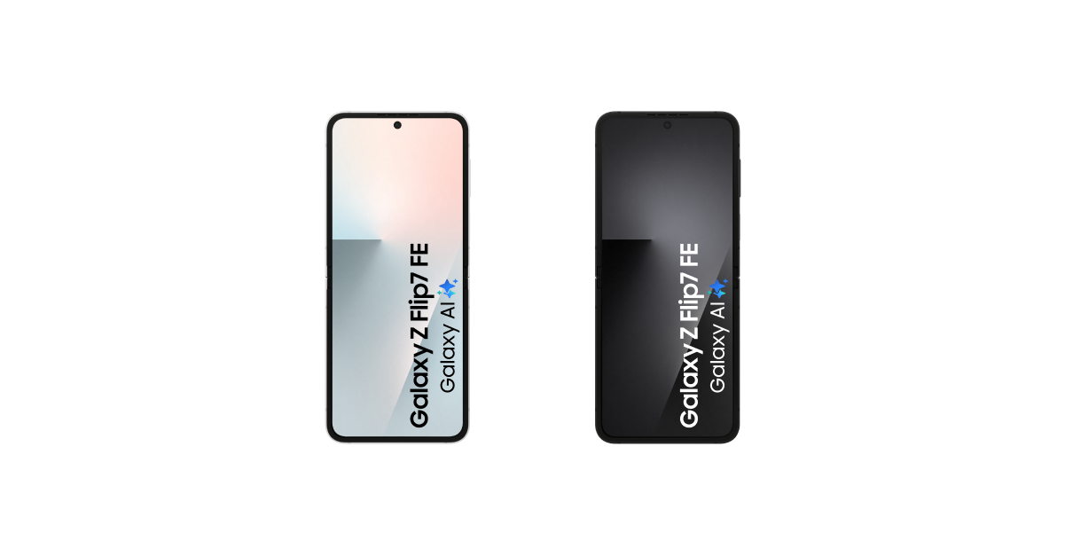 De voorkant van de witte en zwarte Samsung Galaxy Z Flip7 FE