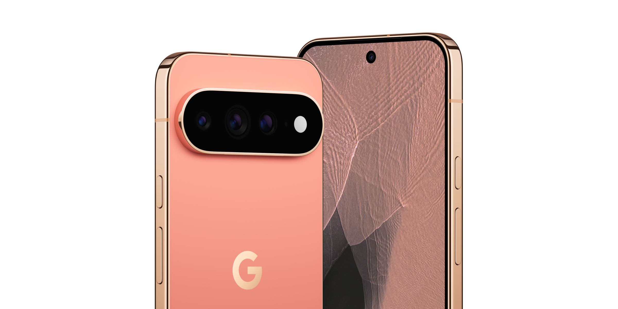 De bovenste helft van de voor- en achterkant van de oranje Pixel 11 Pro XL
