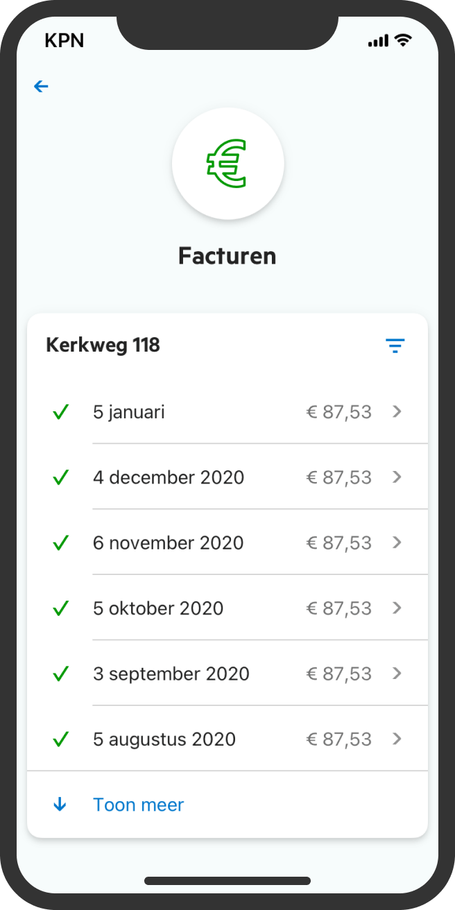 Smartphone met Facturen in de MijnKPN app