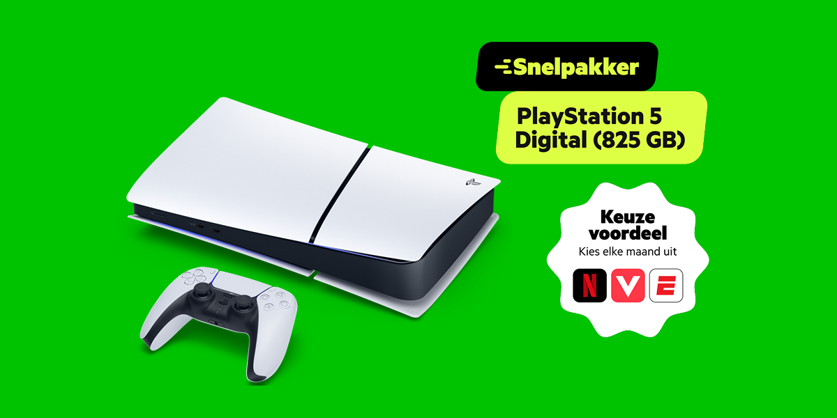 Snelpakker PlayStation 5 Slim (825 GB). Keuzevoordeel: kies elke maand uit Netflix, Videoland of ESPN Compleet (bij TV) cadeau.