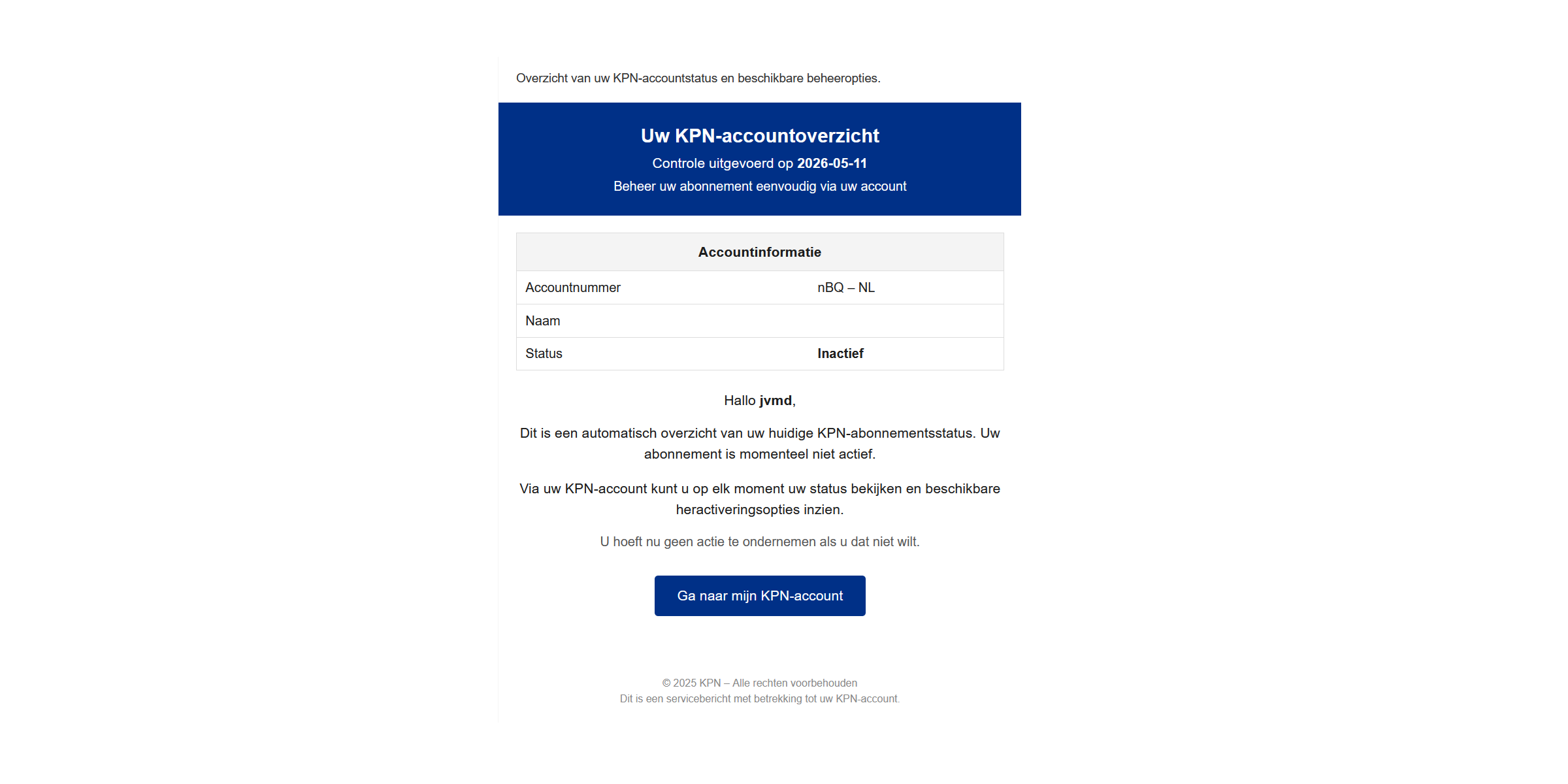 Afbeelding van phishing mail met onderwerp: Uw KPN-accountoverzicht