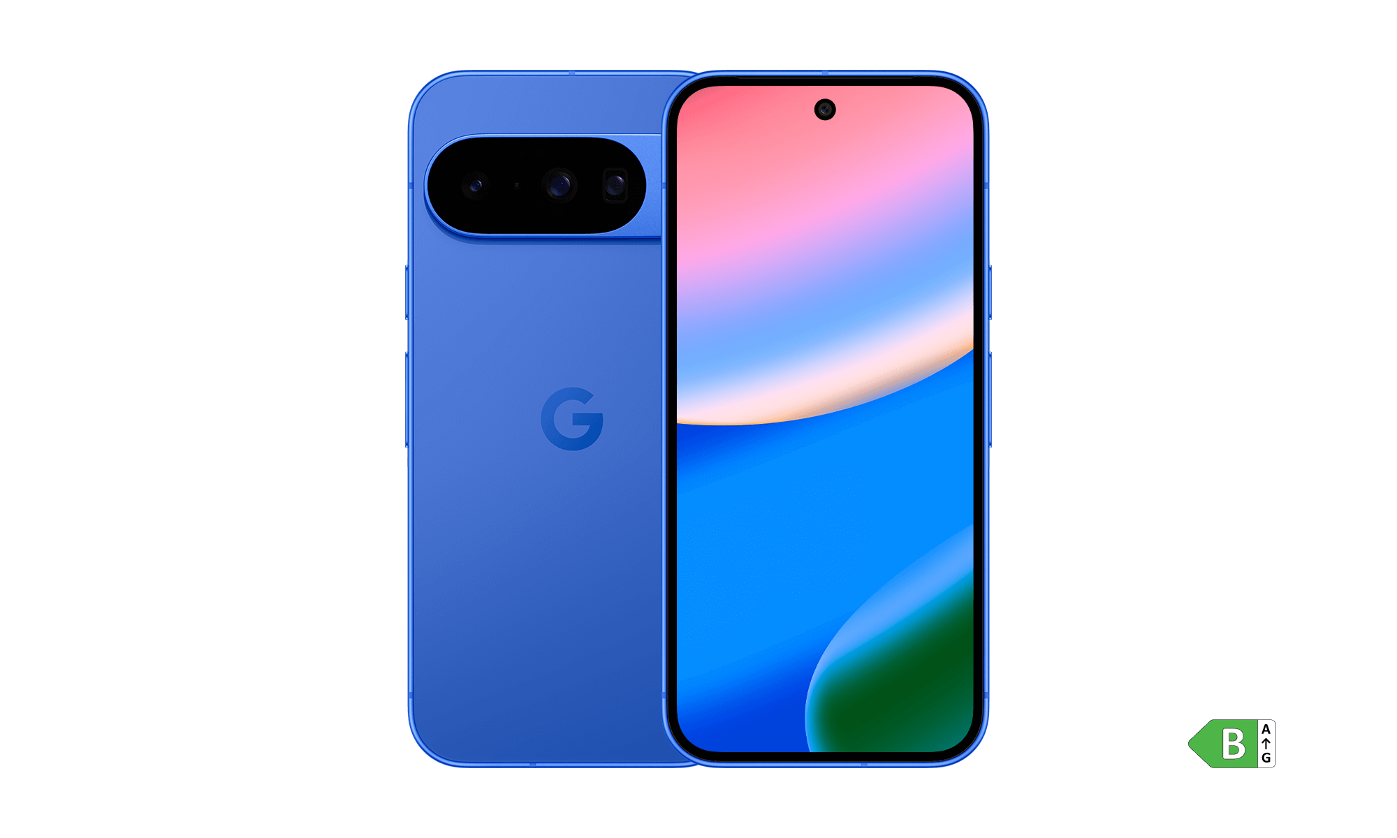 Blauwe Google Pixel 10 met energielabel B