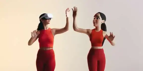 dame met VR-bril op die een high five geeft aan virtueel persoon die hier als getekend figuur wordt getoond