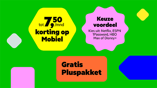 Verschillende gekleurde tekstwolkjes met de tekst 'tot 7,50 euro per maand korting op mobiel', 'Keuzevoordeel. Kies uit: Netflix, ESPN 1Password, HBO Max of Disney+ en 'Gratis Pluspakket'