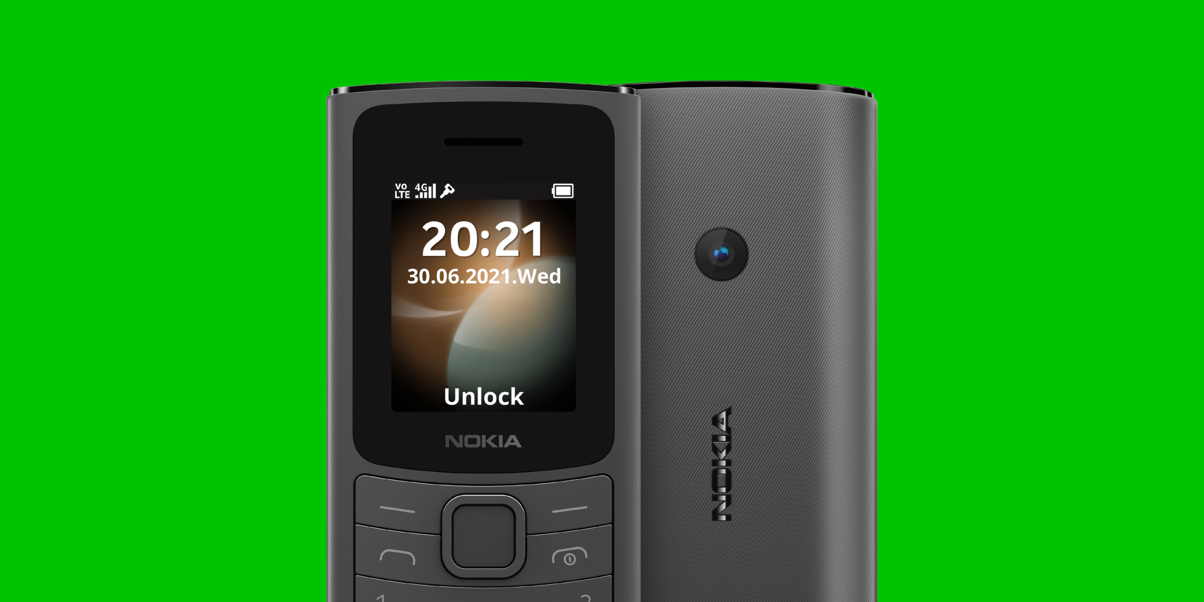 Nokia 110 4G frontback op groene achtergrond