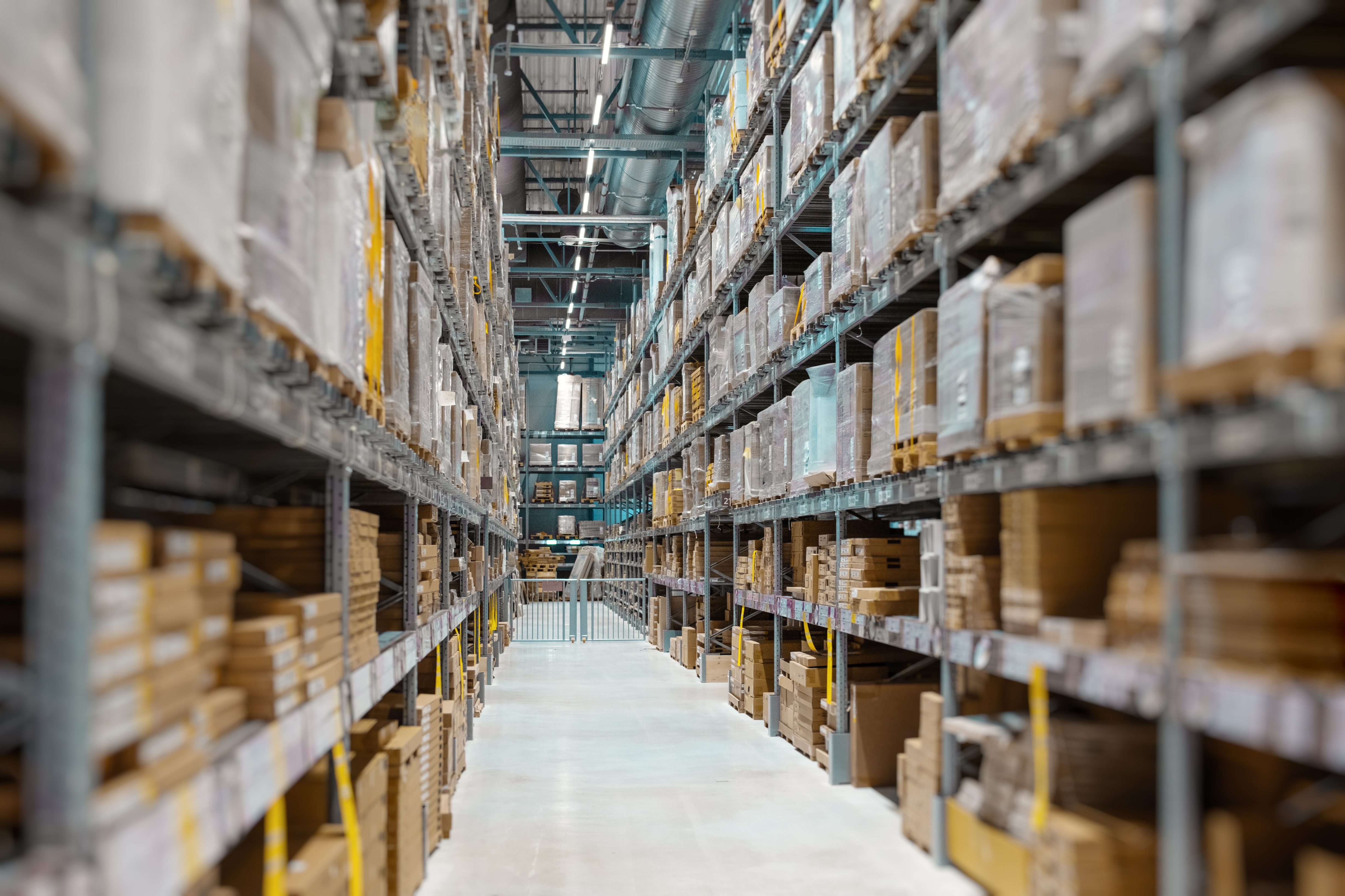 Warehouse interior with high shelves