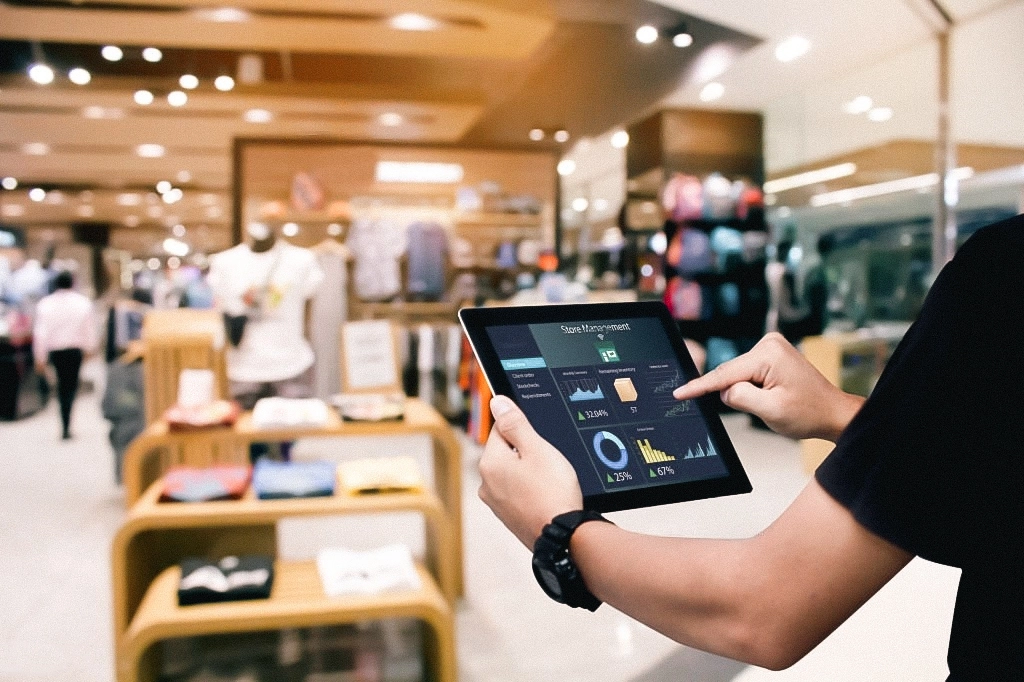 Man with an iPad in a store