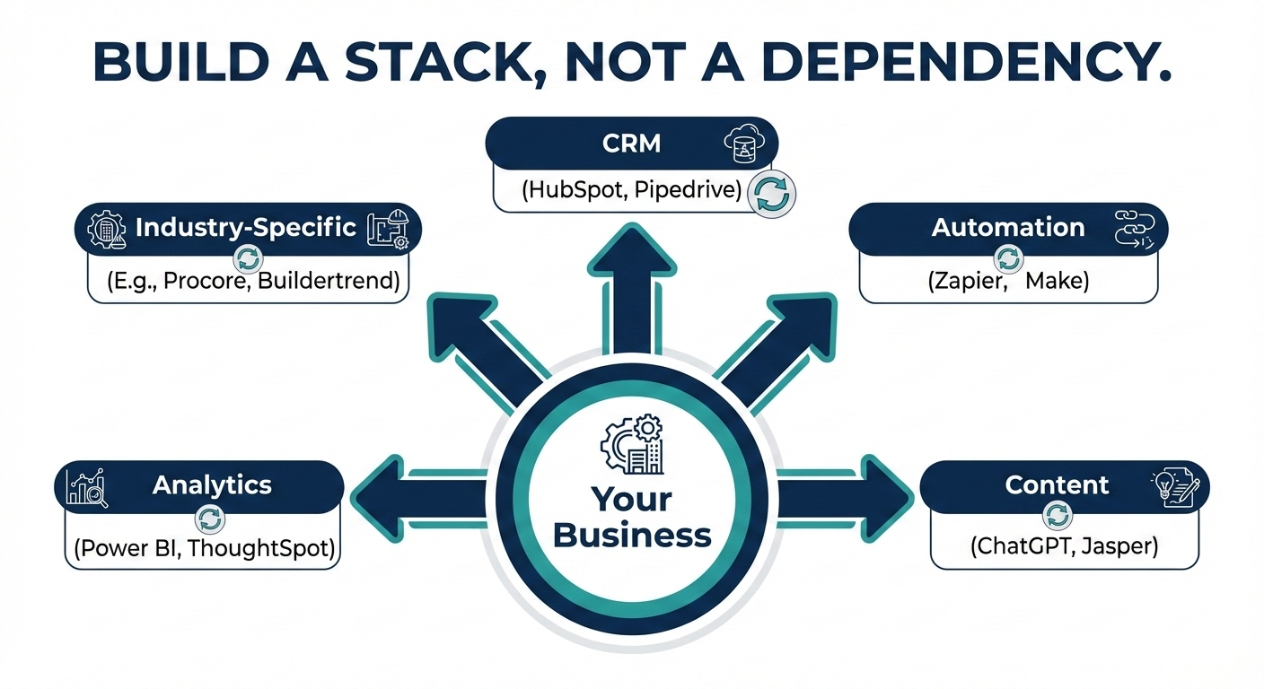 Build a toolkit, not a dependency. Each tool should be replaceable without breaking your whole operation.