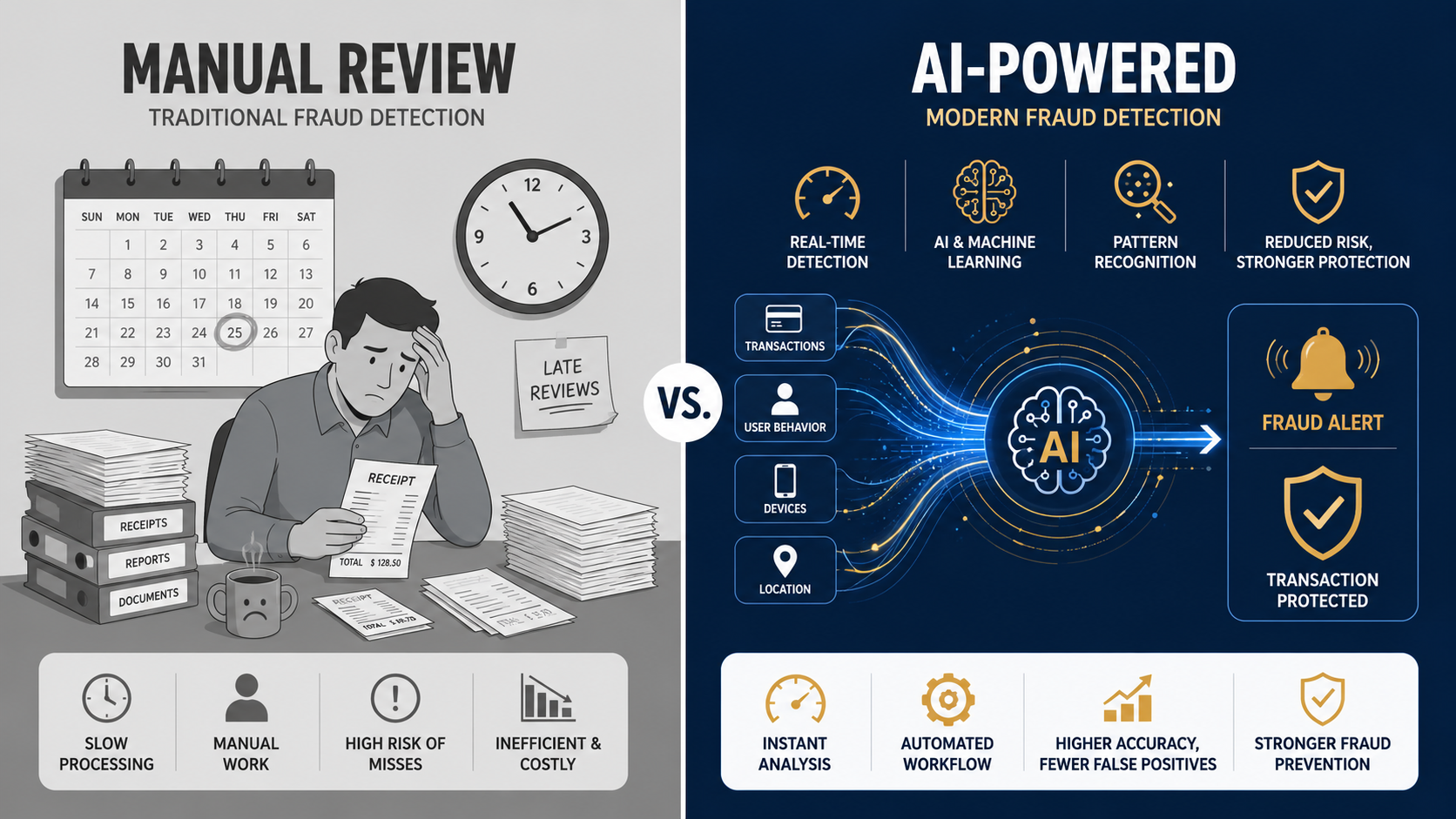 Manual monthly reviews catch fraud after the damage. AI catches patterns as they form.