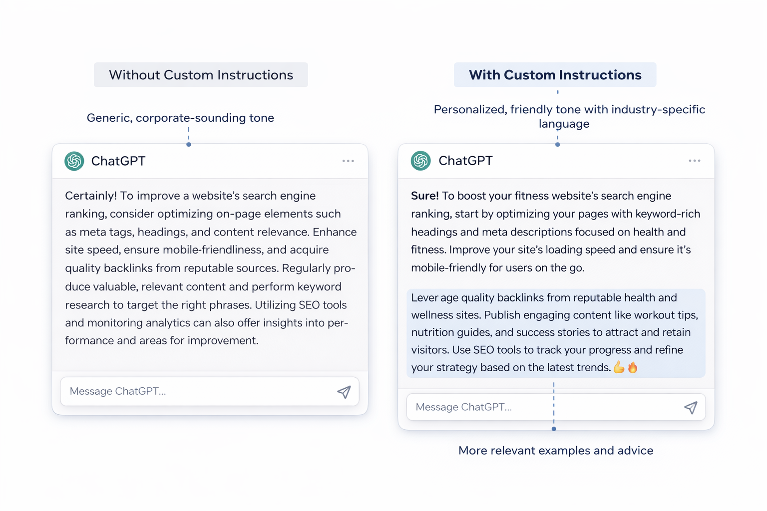The difference Custom Instructions make: generic response vs. business-calibrated response.