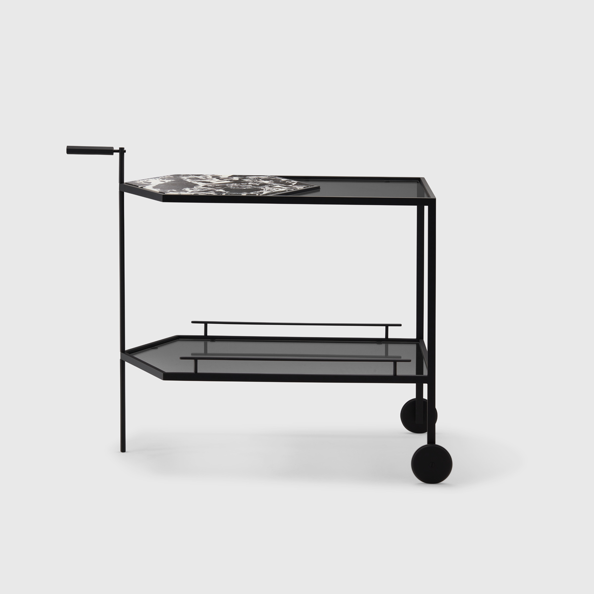 Gin Lane Bar Cart in Soft touch black, grand antique marble and smoke glass