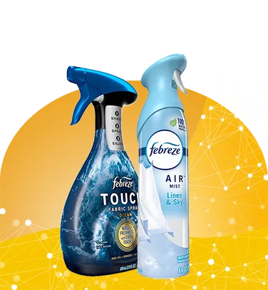 Blue and green spray bottles against an abstract yellow background suitable for cleaning and household tasks