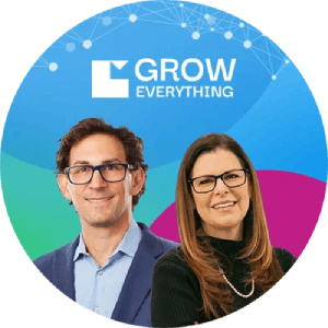 Two people smiling, standing side-by-side against a vibrant background with the P&G logo and "Grow Everything" text
