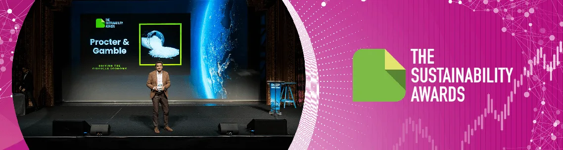 Person talking on stage, with The Sustainability Awards logo visible on the right.