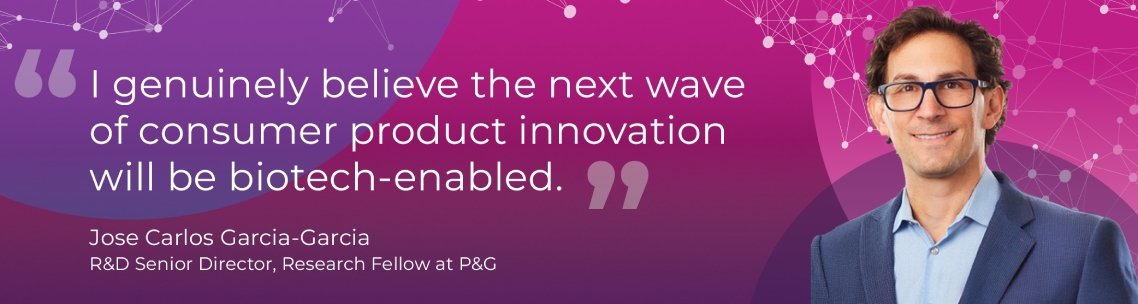A man in glasses smiles next to a quote about biotech-enabled consumer product innovation. The background is pink and purple with abstract network graphics.