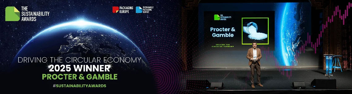 Banner announcing Procter & Gamble as the 2025 Sustainability Awards winner, with Earth imagery on the left and a man onstage holding the award on the right.