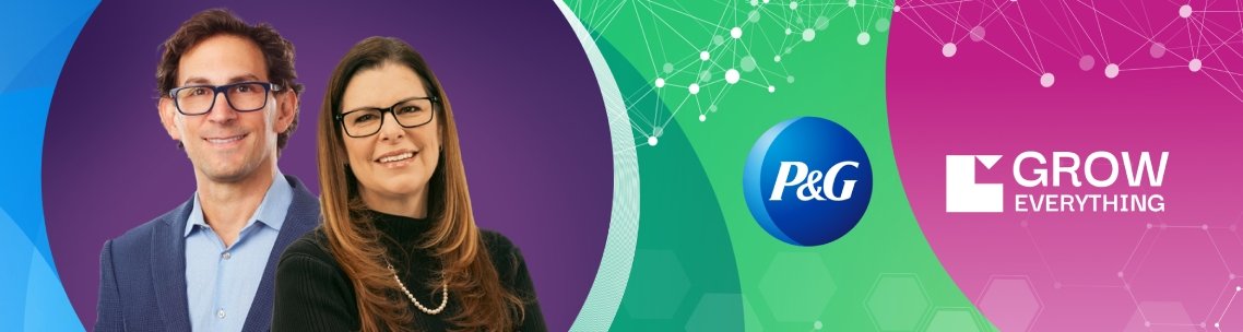 Two people smiling, standing side-by-side against a vibrant background with the P&G logo and "Grow Everything" text, and interconnected lines and dots.