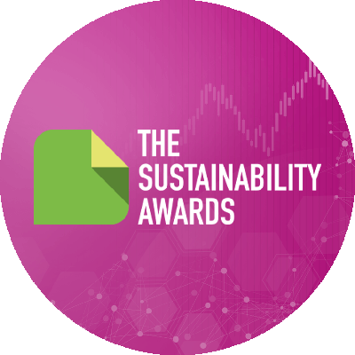 The Sustainability Awards logo on pink background.