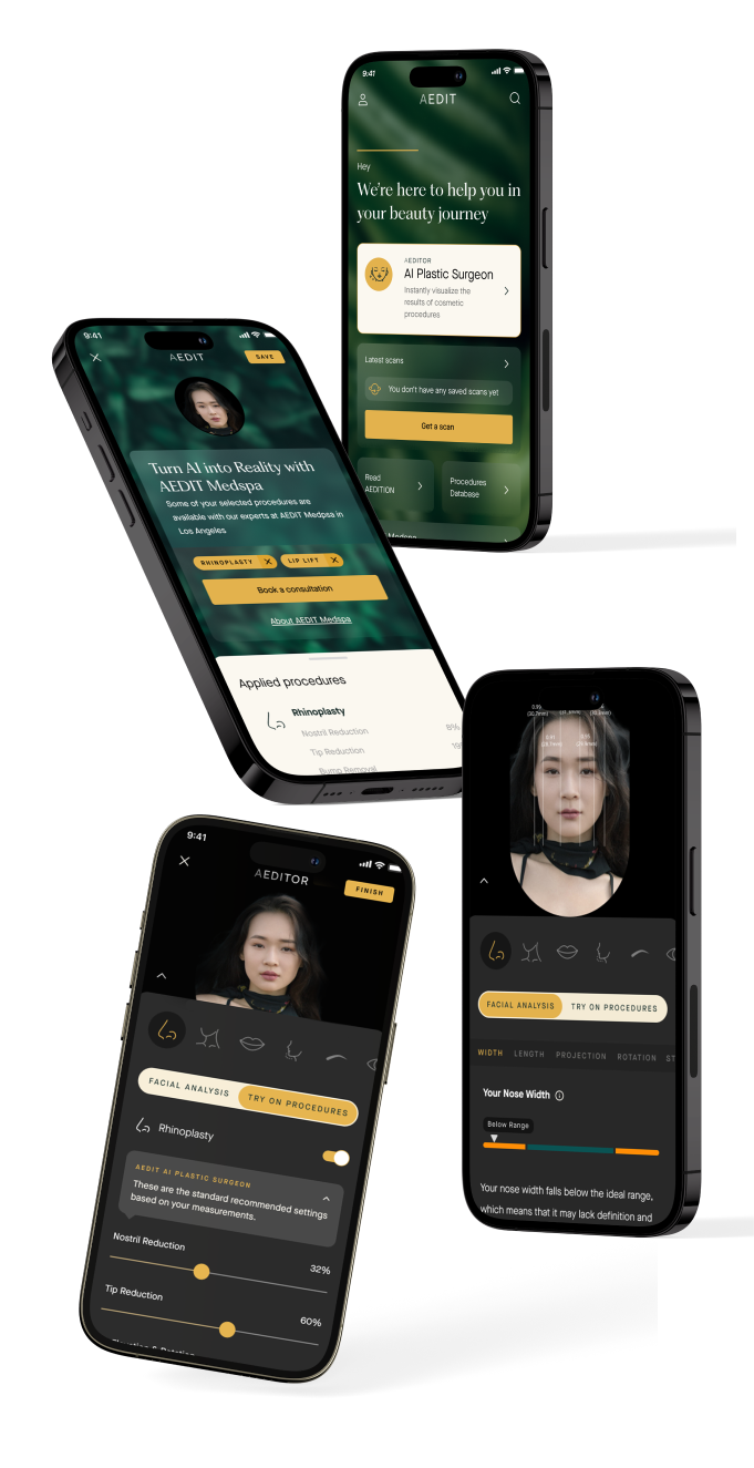 AEDIT app screens showing facial analysis and virtual procedure try-on
