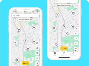 Mobile App-Bildschirm mit einer Karte, auf der Tankstellenstandorte markiert sind, sowie einer Filteroption.