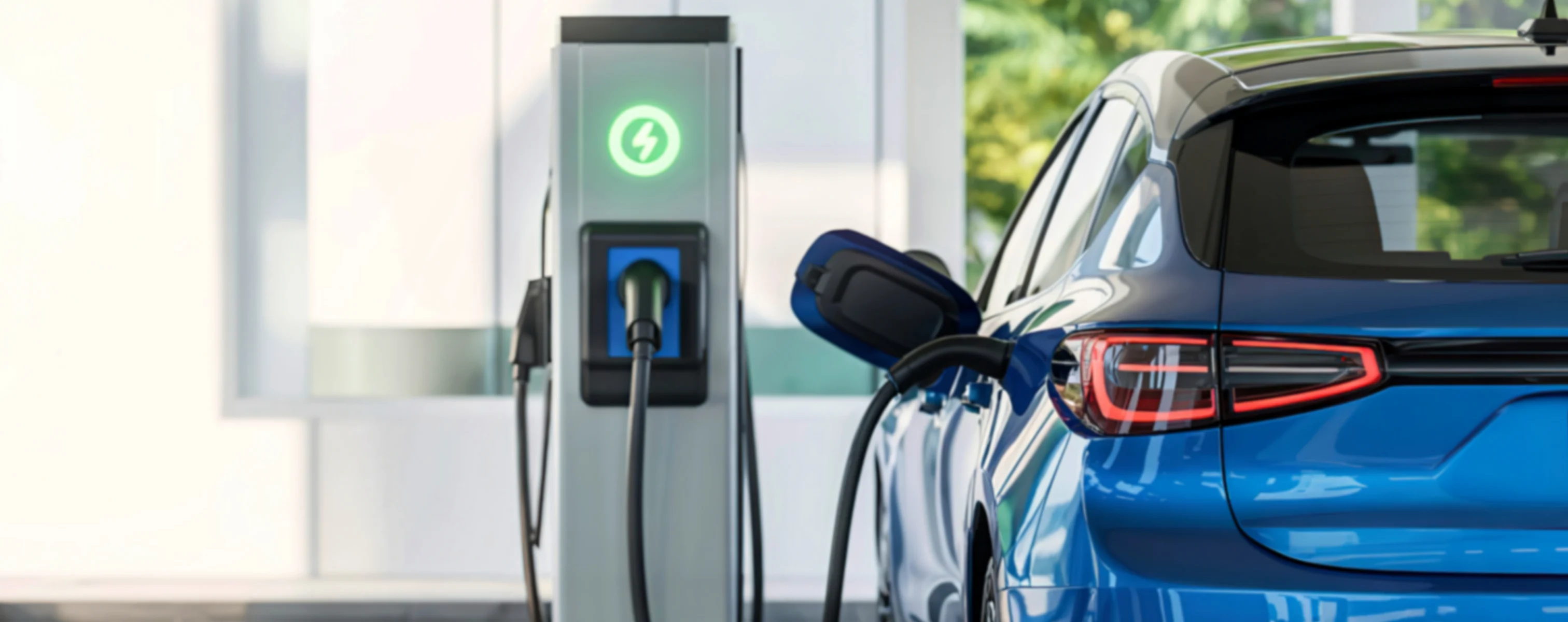 Elektroauto lädt an moderner Ladestation – Seitenansicht eines blauen Fahrzeugs beim Ladevorgang an einer Wallbox oder öffentlichen Ladesäule.