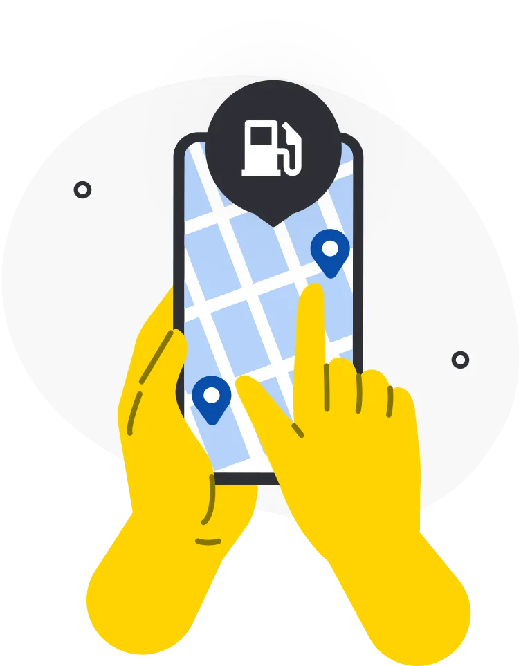 Żółte dłonie trzymają smartfon z wyświetloną mapą z niebieskimi znacznikami lokalizacji. Nad mapą pojawia się ikona dystrybutora paliwa, sugerująca wyszukiwanie pobliskich stacji benzynowych.