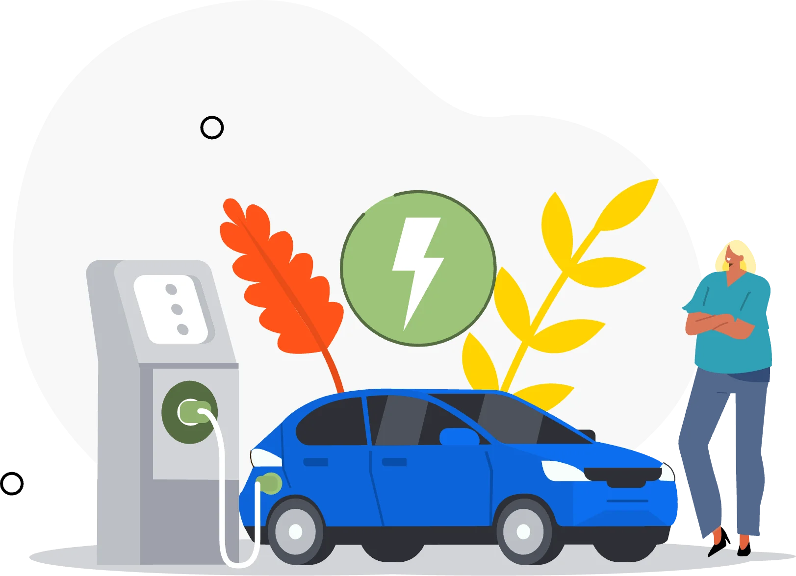 Ilustracja przedstawia niebieski samochód elektryczny podłączony do stacji ładowania, obok którego stoi kobieta, a w tle widnieją kolorowe liście i zielony symbol błyskawicy.