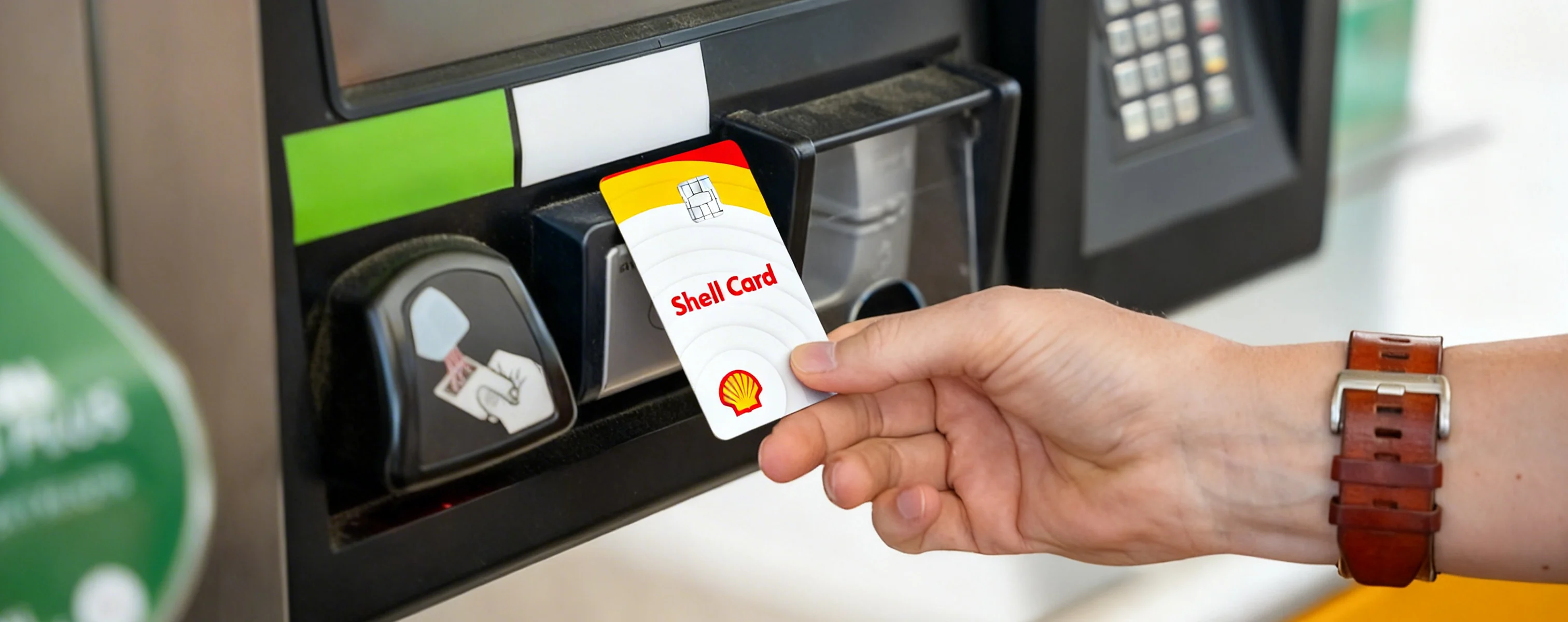 Shell Tankkarte wird an ein Lesegerät an der Zapfsäule gehalten