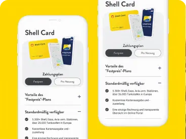Mobile App-Bildschirm mit Shell Card-Zahlungsplänen und Vorteilen.