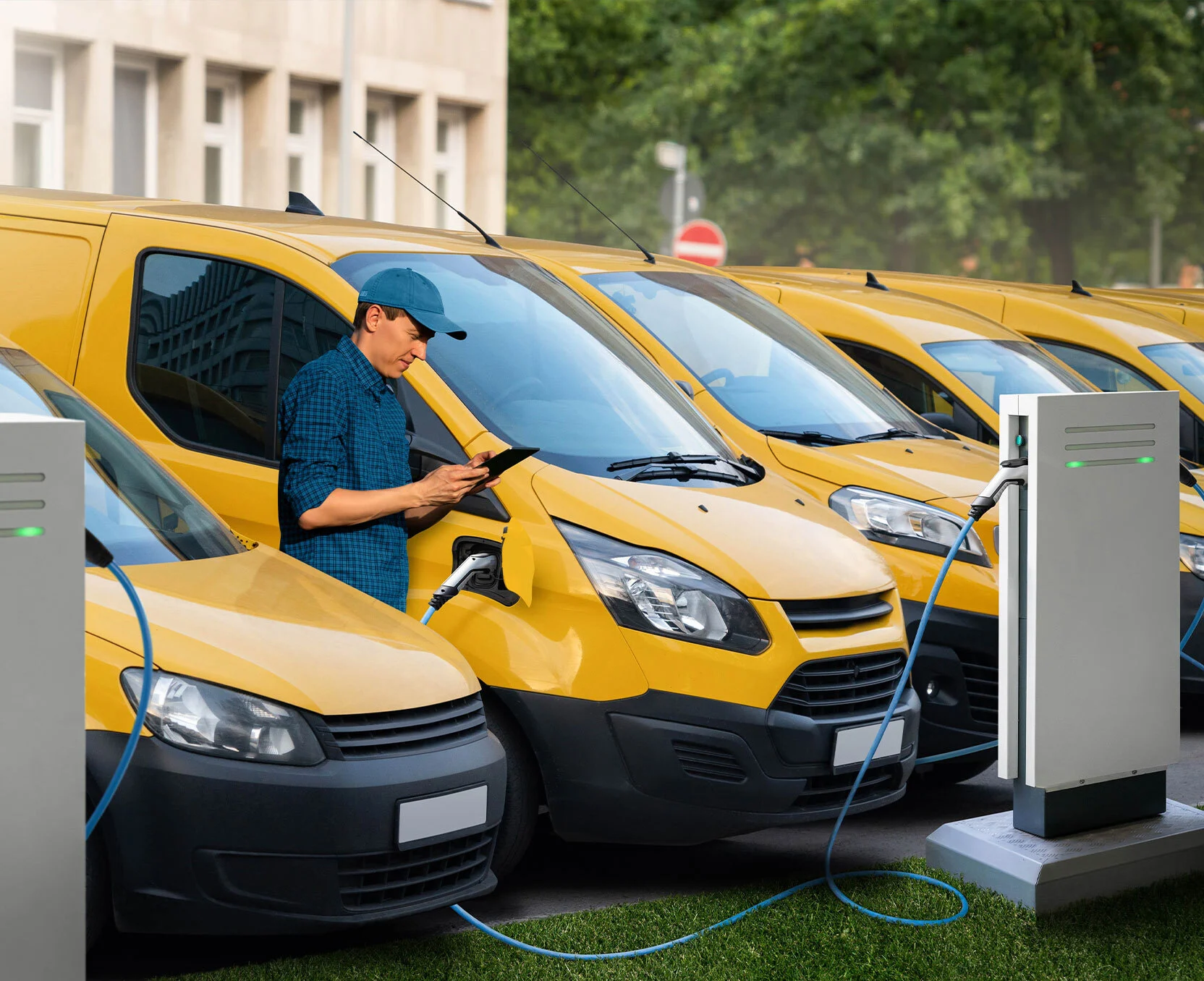 Elektryczne furgonetki dostawcze ładujące się na stacji, z kierowcą korzystającym z tabletu.