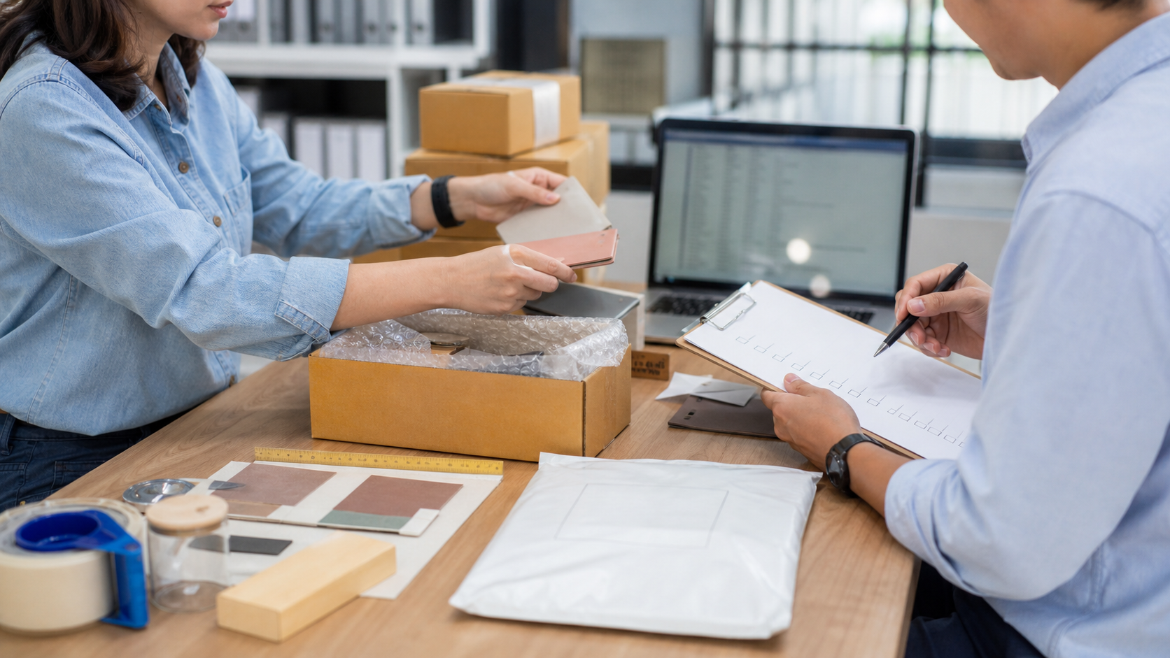 Documentary-style business scene for export sample confirmation, packing and courier shipment