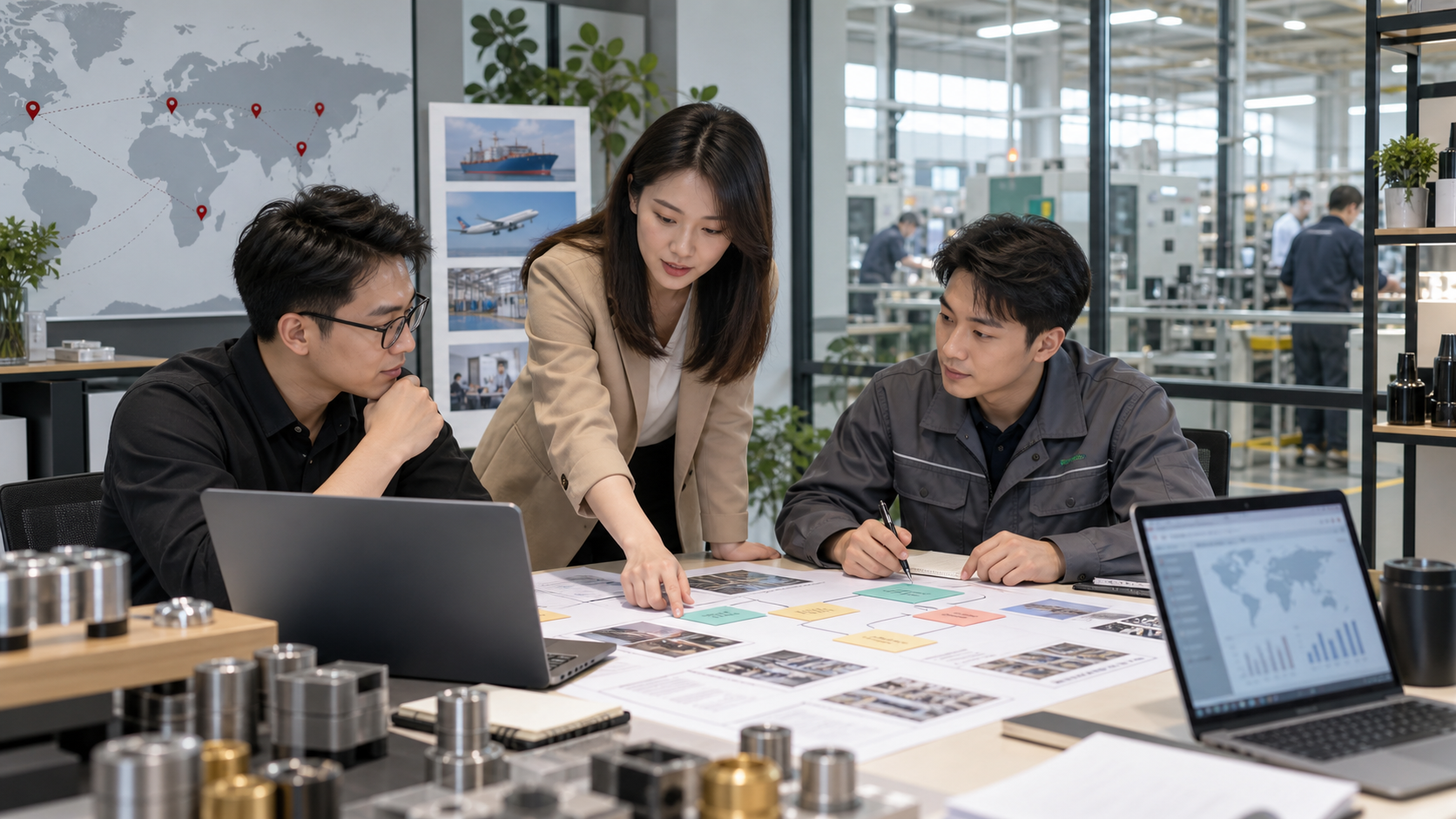 AIGC 生成的中小制造工厂外贸团队评审 B2B 平台、主动搜索和客户池流程的纪实风商务场景图