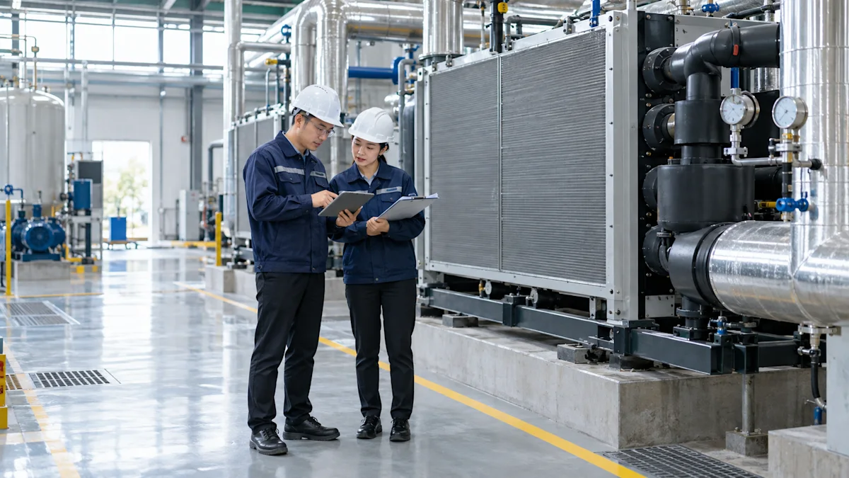 AI-generated realistic industrial scene with export and engineering staff reviewing industrial heat pump equipment