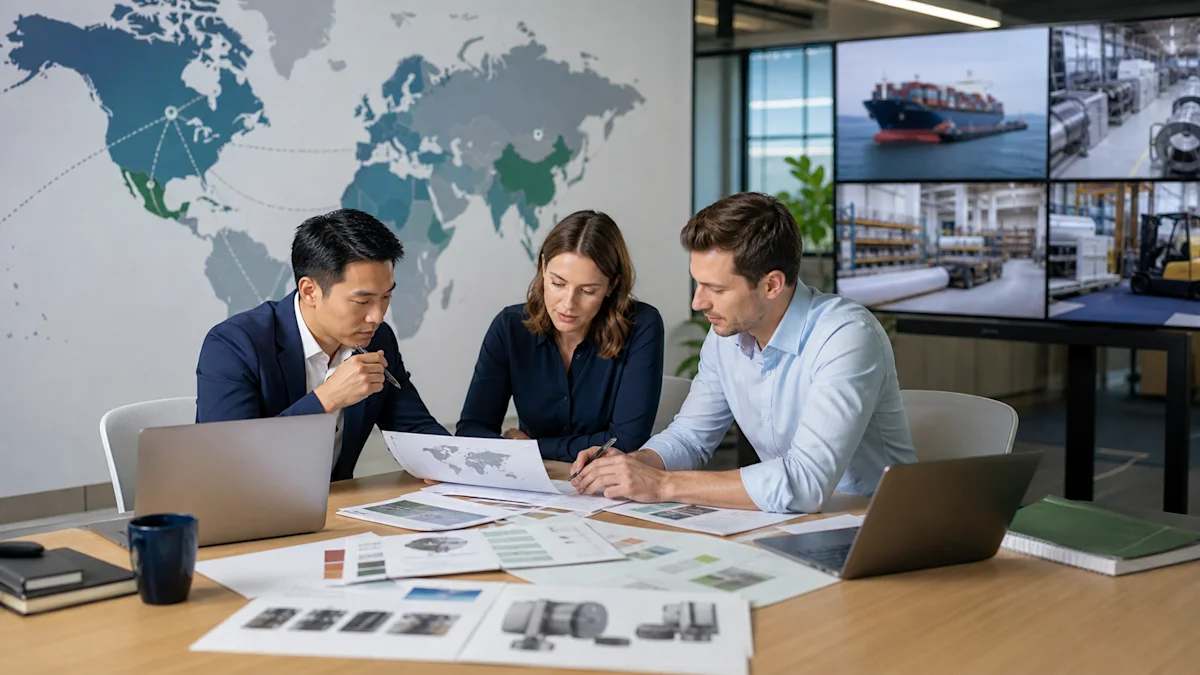 AI-generated documentary-style business scene of an export sales team reviewing overseas distributor, installer and end-buyer signals